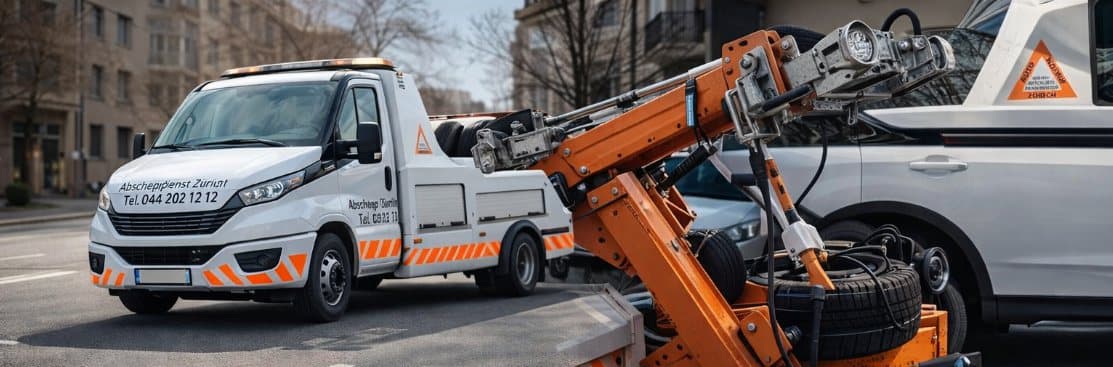 Ein orangefarbener Abschleppwagen hebt ein weisses Auto neben einem weissen Lieferwagen an.