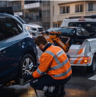 A breakdown technician in an orange jacket changing a wheel on a blue car on a city street.